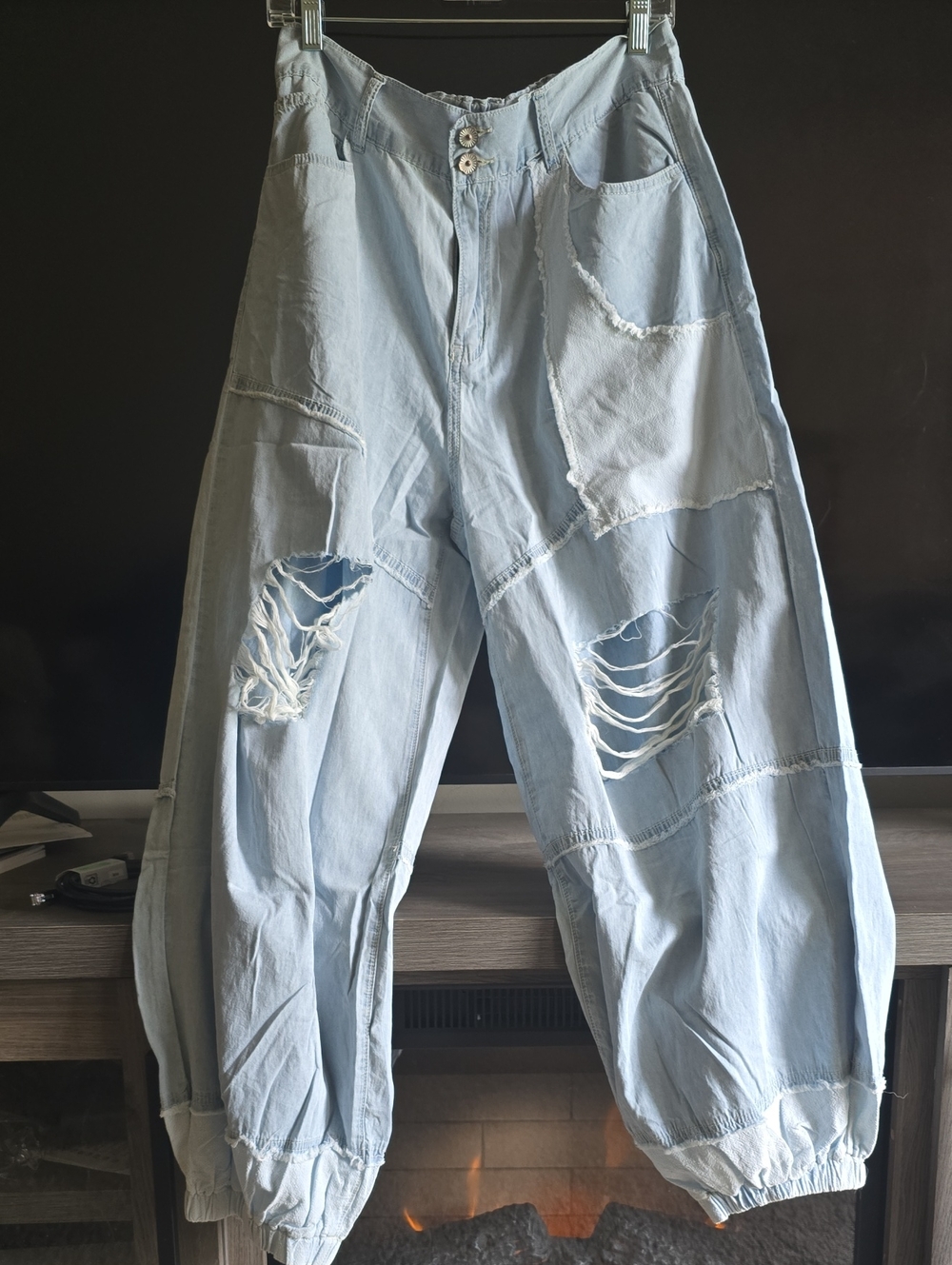 POL Light Blue Relaxed Patchwork Distressed Jeans